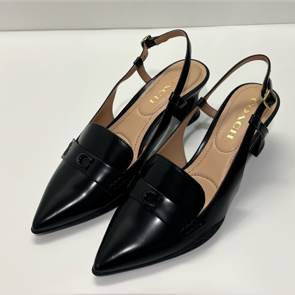 Coach Black Leather Pointed Slingback Loafers with Logo Band
